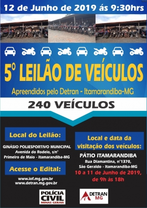 5° Leilão de Veículos: Detran-MG lança Edital de Leilão que será realizado em Itamarandiba com 240 veículos